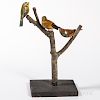 Three Carved and Painted Birds Mounted on a Branch "Tree,"