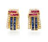 * A Pair of 18 Karat Yellow Gold, Ruby, Sapphire, and Diamond Earclips, 8.20 dwts.