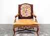 French Single Leather & Needlepoint  Armchair