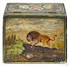 Pennsylvania painted poplar dresser box, mid 19th c., the lid with a lion roaming in a landscape