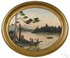 American oil on board primitive landscape, late 19th c., with figures fishing on a lake