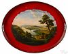 English painted tin tray, ca. 1850, with a large panoramic view of Coblenz, Germany
