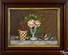 Pair of oil on board still life paintings, late 19th c., with flowers and fruit on a marble pier