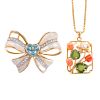 A Ladies Floral Pendant & Bow Pin in 14K
