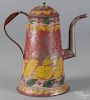 Pennsylvania red tole coffee pot, 19th c., with yellow and green floral decoration