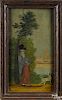 Oil on oak panel primitive landscape, 19th c., with a man playing a horn and a dog at his feet
