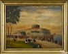Colorful oil on panel of Castle Garden in Manhattan, New York, 19th c., 17'' x 23''.