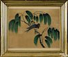 American watercolor drawing of two tropical birds on a weeping willow, mid 19th c., 12'' x 16''.