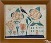 Pennsylvania folk art watercolor landscape, 19th c., with a house, flowers, and a bird