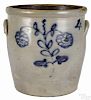 Maryland four-gallon stoneware crock, 19th c., with cobalt floral decoration, 12 1/4'' h.