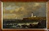 American oil on canvas coastal scene, late 19th c., with a lighthouse, inscribed on stretcher