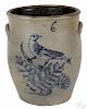 Six-gallon stoneware crock, 19th c., probably Ohio, having a bold cobalt decoration of a bird