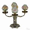 Pairpoint brass candelabra with five reverse painted puffy shades, 16 1/2'' h., 17 1/2'' w.