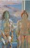 Modernist Gouache Painting of Two Female Nudes
