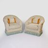 Pair of Green Chenile Tufted Upholstered Tub Chairs