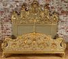 RARE ITALIAN ROCOCO STYLE PAINTED GILT KING BED