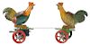 Tin Litho Wind Up Fighting Roosters Platform Toy.