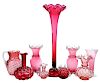 Nine Hand Blown Cranberry Glass Vases