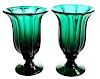 Pair Hand Blown Emerald Green Footed Vases