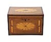 A George III Mahogany and Fruitwood Inlaid Tea Caddy, Height 5 x width 7 1/2 x depth 4 1/2 inches.