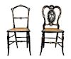 Two Victorian Black Lacquer and Mother of Pearl Inlaid Side Chairs, Height of first 34 inches.