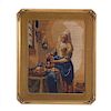Gobelino. Siglo XX. "La Lechera", copia de Vermeer. Elaborado a máquina sobre fibras de algodón. Enmarcado en madera dorada.