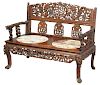 Chinese Carved Hardwood Marble-Inset Settee