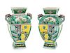 * A Pair of Famille Verte Porcelain Double Handled Vases Height of each 7 inches.