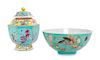 * Two Turquoise Ground Famille Rose Porcelain Articles Diameter of bowl 7 5/8 inches.
