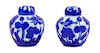 * A Pair of Sapphire-Blue Overlay White Peking Glass Ginger Jars and Covers Height 5 3/4 inches.
