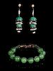 A Pair of Jadeite and Gold Earrings and a Jadeite Bracelet Length of largest 8 inches.