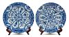 A Pair of Chinese Export Blue and White 'Peacock' Porcelain Chargers Diameter 12 5/8 inches.