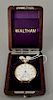 14 karat gold Waltham open face pocket watch in original Waltham wooden box. 49 mm