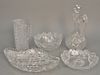 Group of five American Brilliant cut glass pieces including oblong center dish, decanter ht. 12 in., pitcher ht. 12 in., and two bowls.