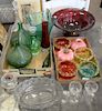 Three tray lots of art glass including etched glass, cut glass, Venetian glass, four art glass finger bowls (one as is), miniature o...