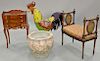 Four piece lot to include metal rooster (ht. 39 in.), Louis XVI caned window seat (lg. 26 1/2 in.), three drawer stand, and a fish b...