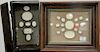 Collection of twenty-two white plaster Grand Tour Intaglios in shadow box frame and painted green book box. 12" x 14" framed Provena...