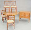 Six piece lot to include a round table (ht. 30 in., dia. 48 in.), four chairs, and a two door cabinet (ht. 31 in., top: 24" x 34").