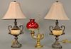 Group of six table lamps, some possibly Maitland Smith, one heavy brass oil style lamp with glass shade. 20 1/2" x 39"