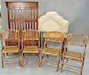 Large group of furniture to include four bamboo chairs, corner cabinet, side table, pair of twin size headboards, and a hall seat co...