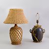 Decorative Gilt-Metal-Mounted Drip Glazed Pottery Lamp and a Wicker Bound Glass Lamp