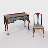 Dutch Rococo Style Walnut and Blue Lacquer Desk and Matching Side Chair