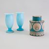 French Blue and White Cloisonné Covered Jar and a Pair of Pale Blue Opaline Vases