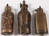 THREE DOUBLE COMPARTMENT PISTOL FLASKS, 19TH C