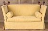 KNOLL STYLE UPHOLSTERED SOFA CARVED WOOD FINIALS