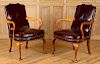 PAIR LEATHER OPEN ARMCHAIRS QUEEN ANNE BY CENTURY