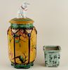 ENGLISH COVERED MAJOLICA VASE AND A JARDINIERE