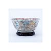 Modern Chinese Hand Painted Porcelain Punchbowl On Stand. Signed. Measures 7" H x 16-1/4" Dia. (est