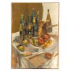 Fischer. Fruit and Bottles, Oil on Board
