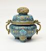 19th C. Chinese cloisonné bronze censer-tri-foot with ring handles